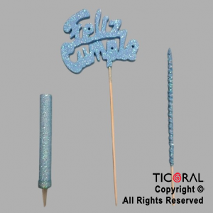 ADORNO DE TORTA SET FELIZ CUMPLE CON BENGALA Y VELA GIBRE CELESTE x 1